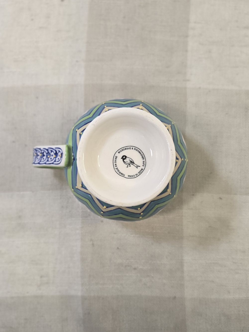 Anthropologie Green Blue Yellow Moriage Design Boho Footed 14oz Ceramic Mug Cup - Picture 7 of 8